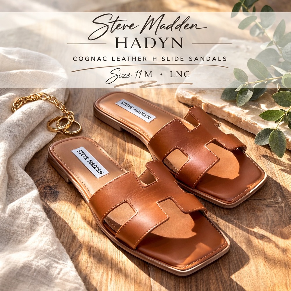 Steve Madden Hadyn Cognac Leather H Slide Sandals Size 11M LNC